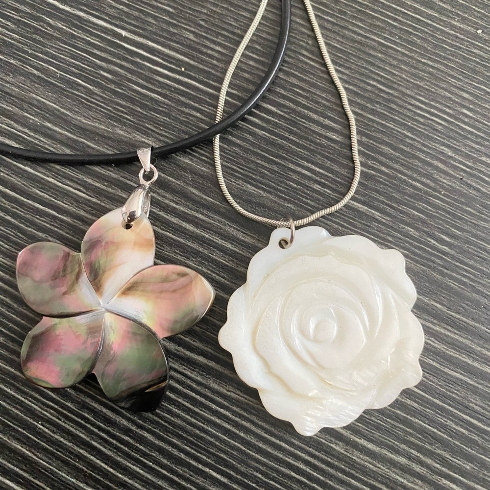 Mother of Pearl Flower Pendant Necklace - White Rose and Iridescent Plumeria